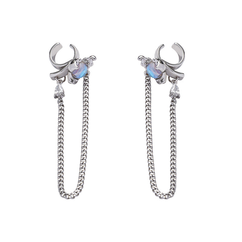 Moon Stone Clip-On Chain Ear-cuff Earrings