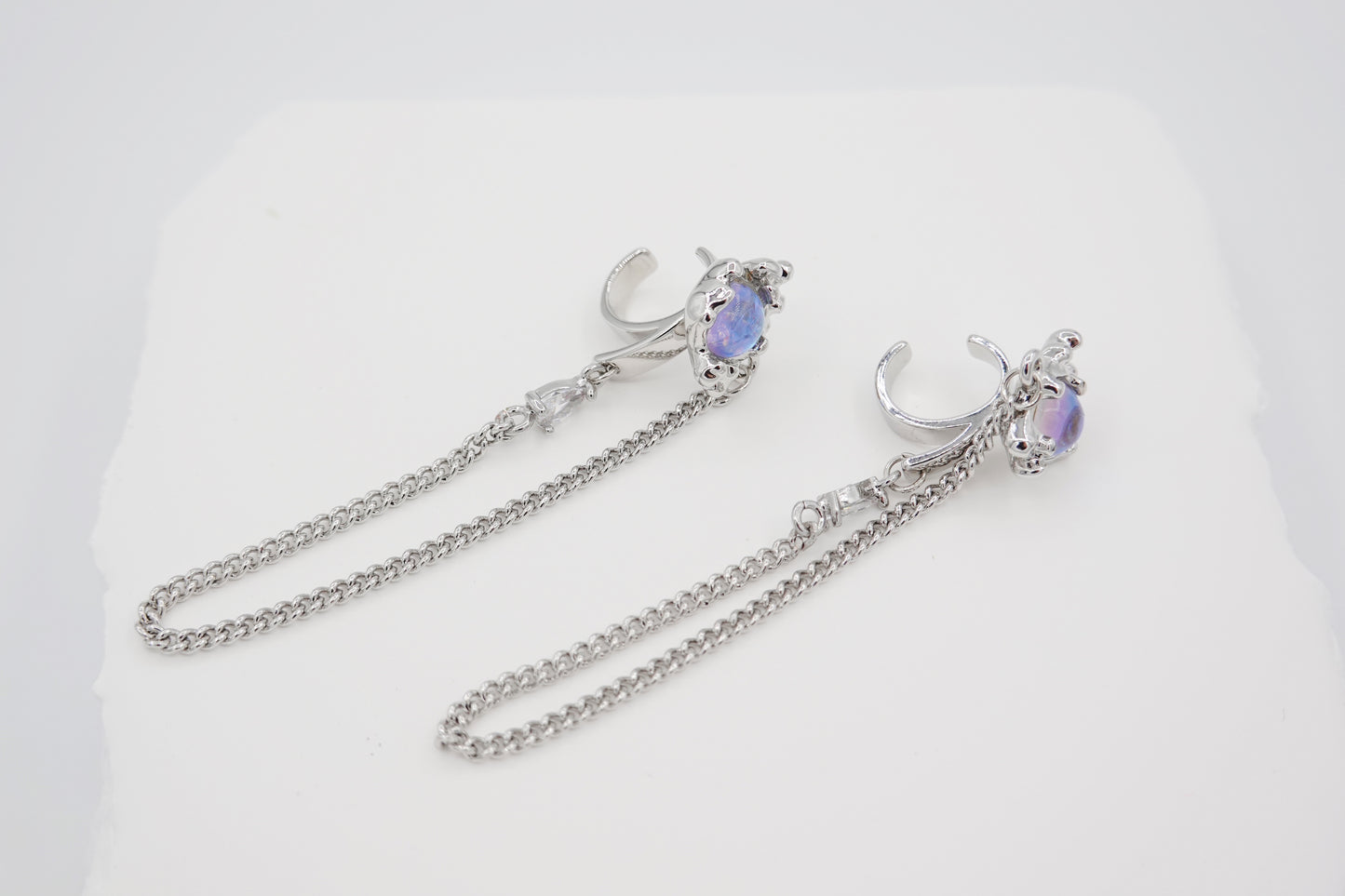 Moon Stone Clip-On Chain Ear-cuff Earrings