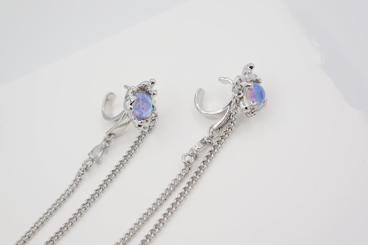 Moon Stone Clip-On Chain Ear-cuff Earrings